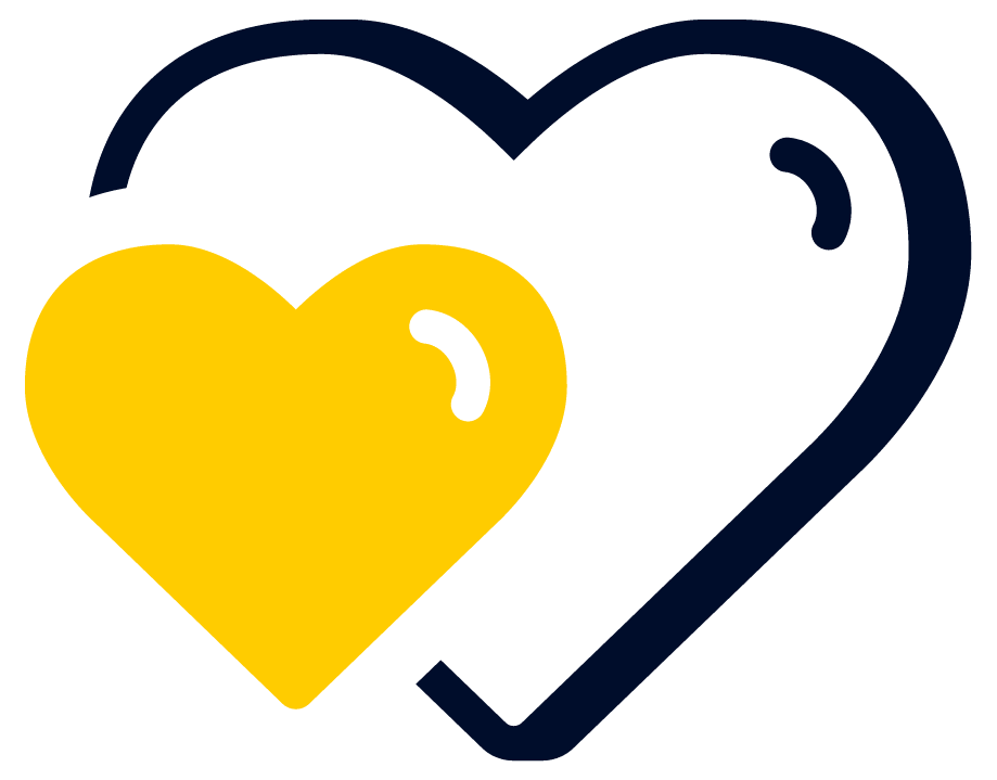 Two overlapping heart shapes, one solid yellow and one outlined in dark blue, on a light gray background. The yellow heart is in front of the blue outlined heart, creating a layered effect.